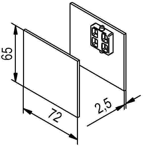 Technische Illustration von zwei wandmontierten Paneelen. Abmessungen: 72x65, 2,5 Stärke. Beinhaltet eine Steckdose auf einem Panel.
