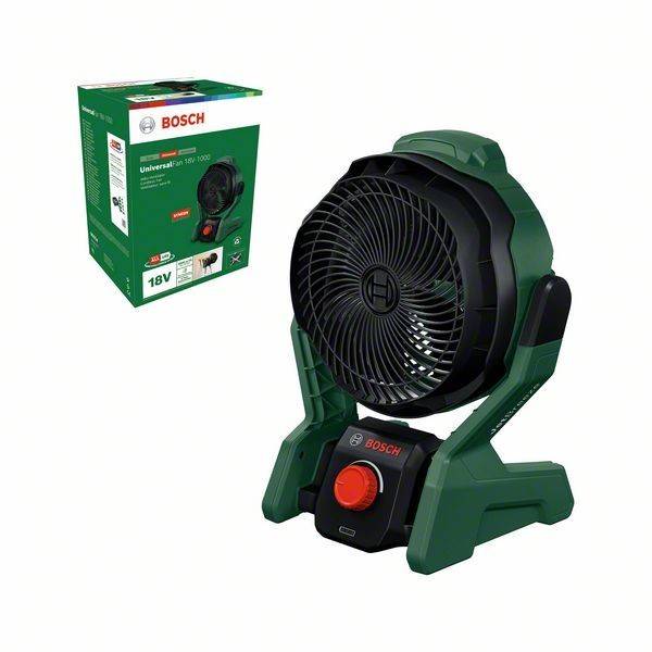 Ein grüner tragbarer Ventilator neben seiner Verpackungsschachtel, markiert mit der Marke 'BOSCH', mit dem Modell 'UniversalFan 18V-1000'. Die Schachtel hebt die 18V-Leistung hervor.