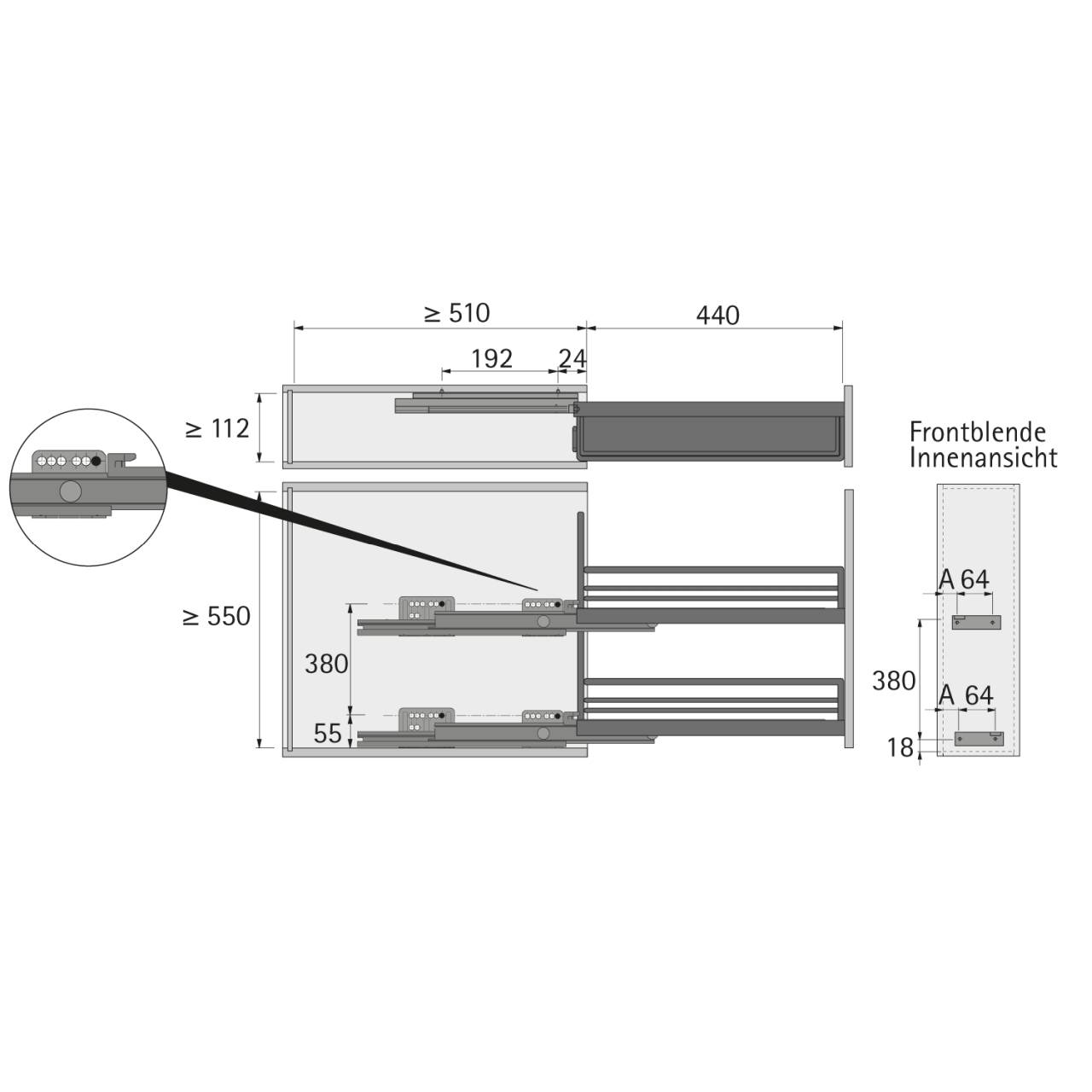 Technische Zeichnung eines Schrankschubladensystems mit Abmessungen. Zeigt Schubladenplatzierung, Schienenmechanismen und Freiraum-Spezifikationen.