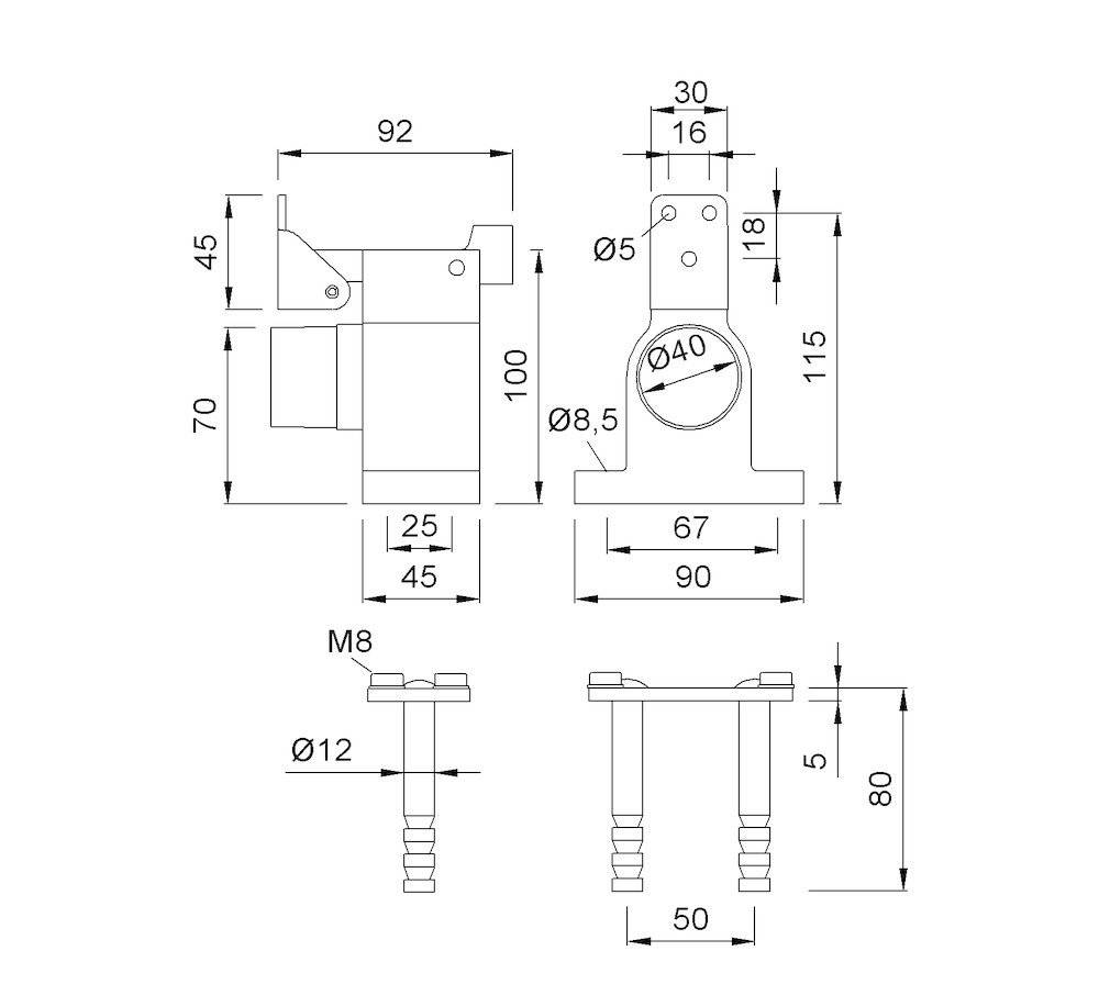 KWS 1052 Türfeststeller zum Aufschrauben, gefedert, Fanghaken Aluminium silberfa