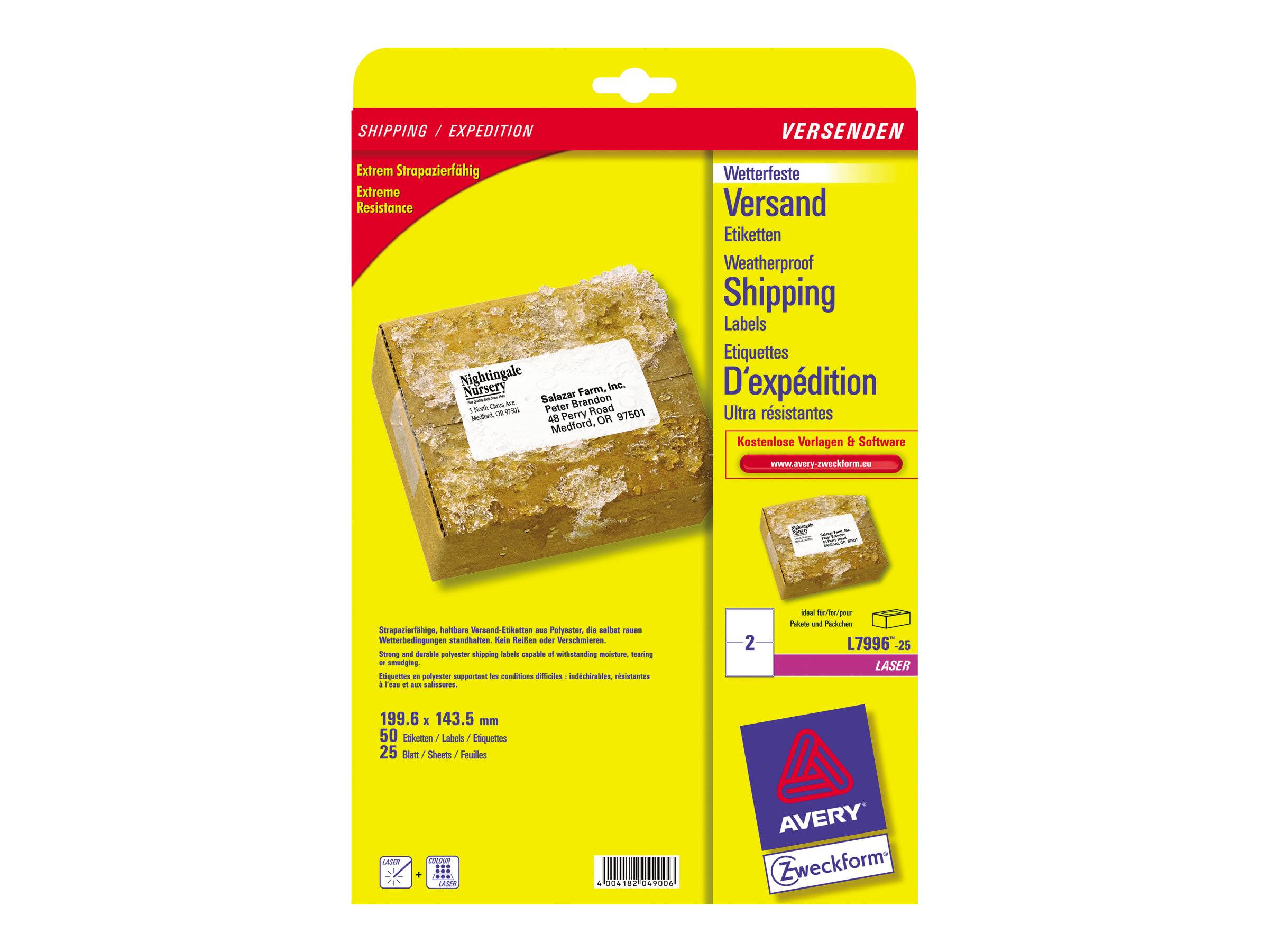 Avery Zweckform L7996 - Permanenter Klebstoff - weiß - 143.5 x 199.6 mm 50 Etikett(en) (25 Bogen x 2)