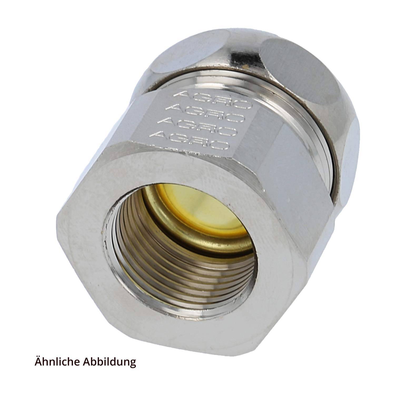 Eine metallische, schraubenförmige Komponente mit einer sechseckigen Form und einem Innengewinde, häufig in Rohrleitungen oder mechanischen Baugruppen verwendet.