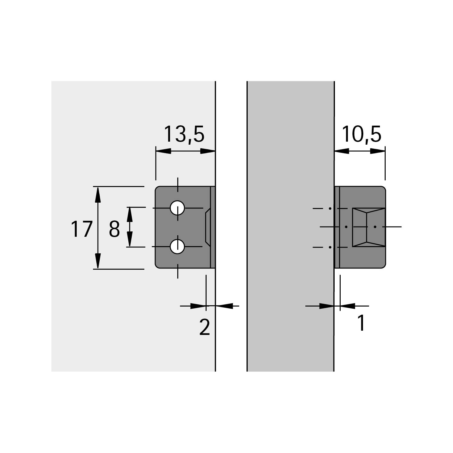 Eine flache, quadratische Montageplatte mit mehreren Löchern, begleitet von vier Schrauben, die darüber positioniert sind und eine Montage andeuten.