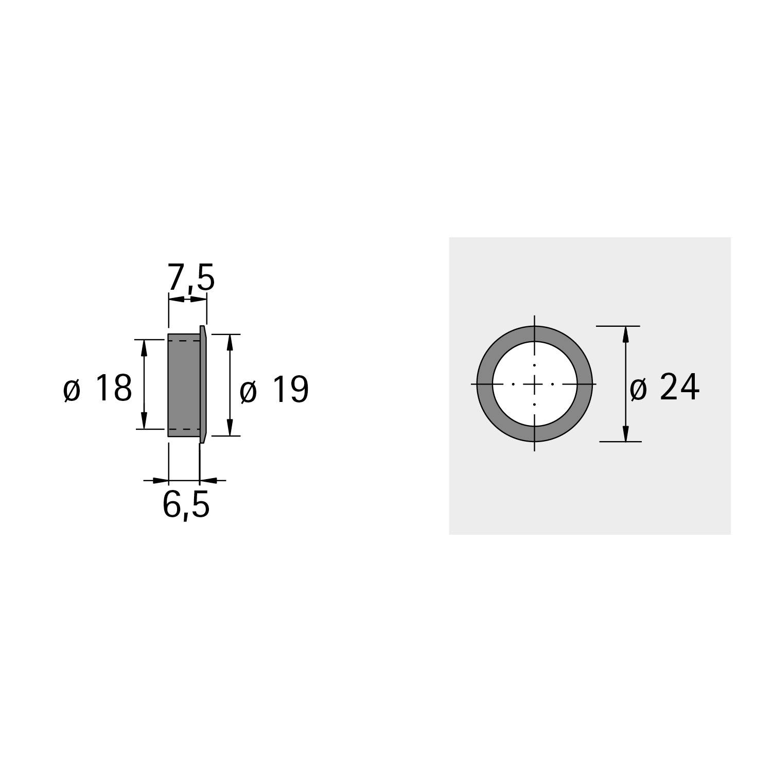 Technische Zeichnung von zwei Unterlegscheiben. Links: Vorderansicht mit einem Lochdurchmesser von 6,5, Außendurchmesser von 18, Höhe 7,5, Breite 19. Rechts: Draufsicht mit Außendurchmesser 24.