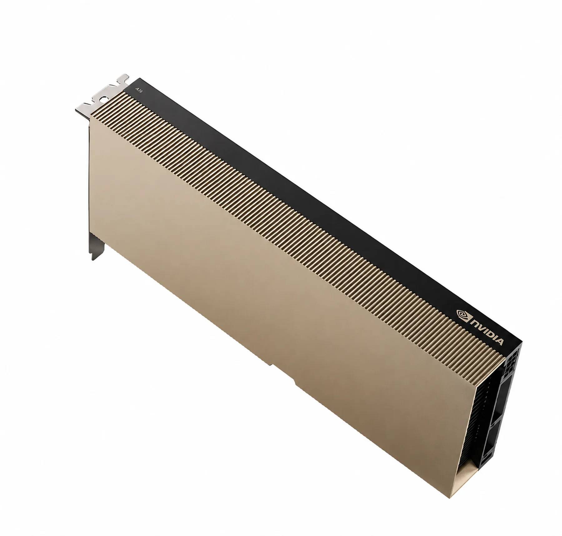 NVIDIA Grafikkarte in einer goldfarbenen Metallverkleidung, isoliert auf weißem Hintergrund dargestellt.