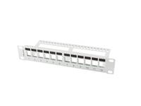 Ein weißes 12-Port-Netzwerk-Patchfeld mit RJ45-Buchsen und nummerierten Anschlüssen, dargestellt vor einem einfachen Hintergrund.