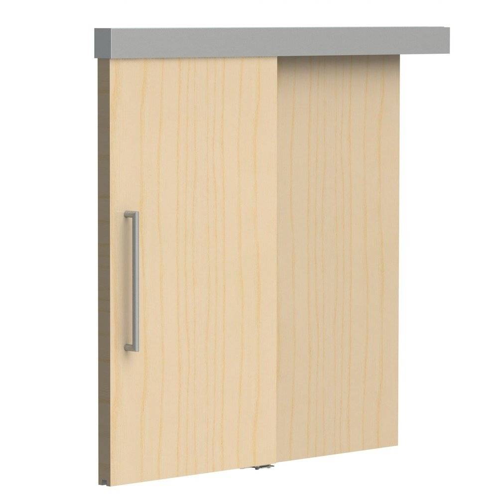 Eine Holzschiebetür mit metallischem Griff und grauer oberer Schiene, geeignet für den Innenbereich.