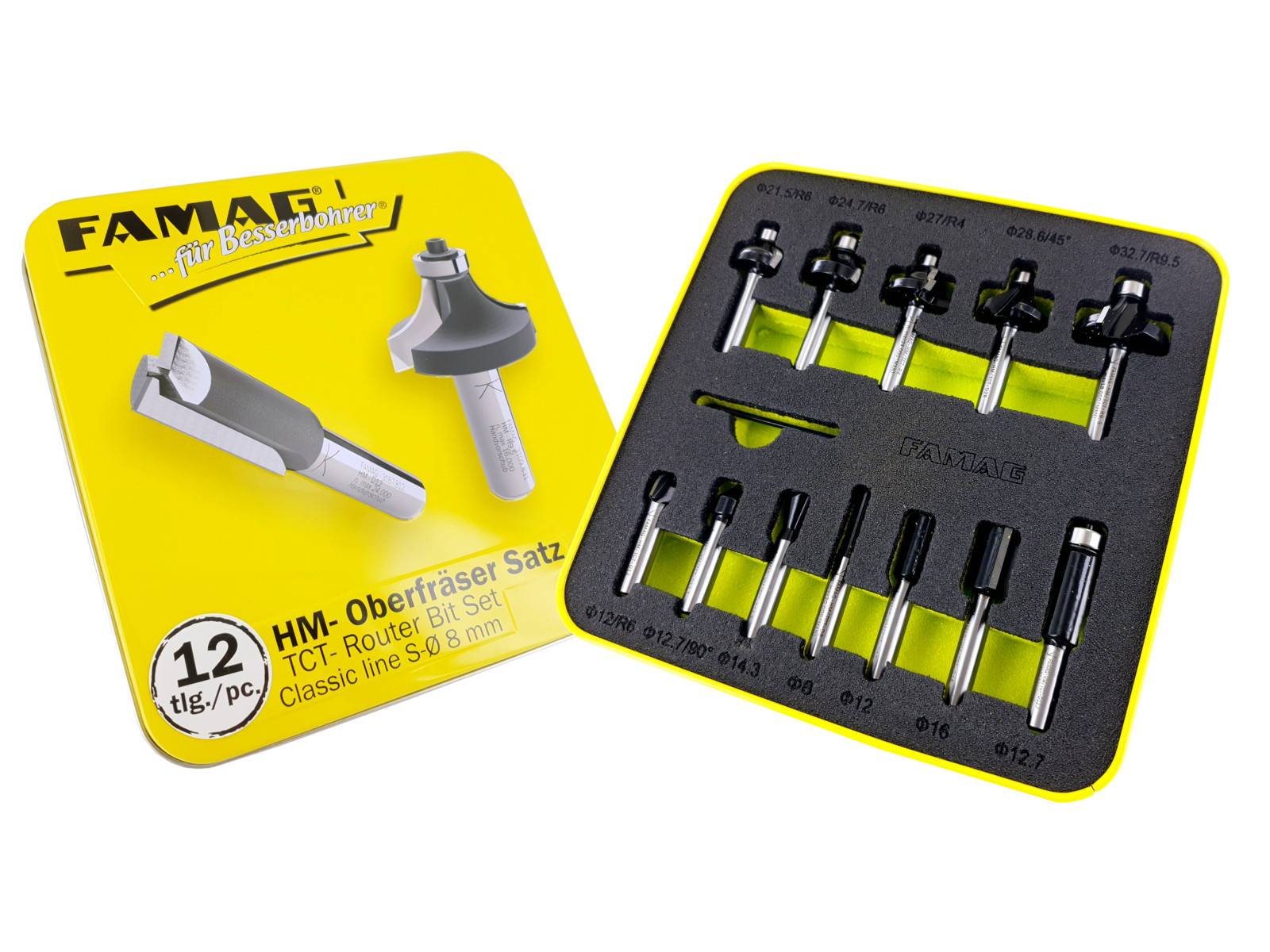 Verpackung und Schaumstoffkoffer eines 12-teiligen Fräserbitsatzes, mit zwei Beispiel-Schneidbits auf der gelben Schachtel abgebildet und mehreren Bits, die in der offenen schwarzen Schublade angeordnet sind.