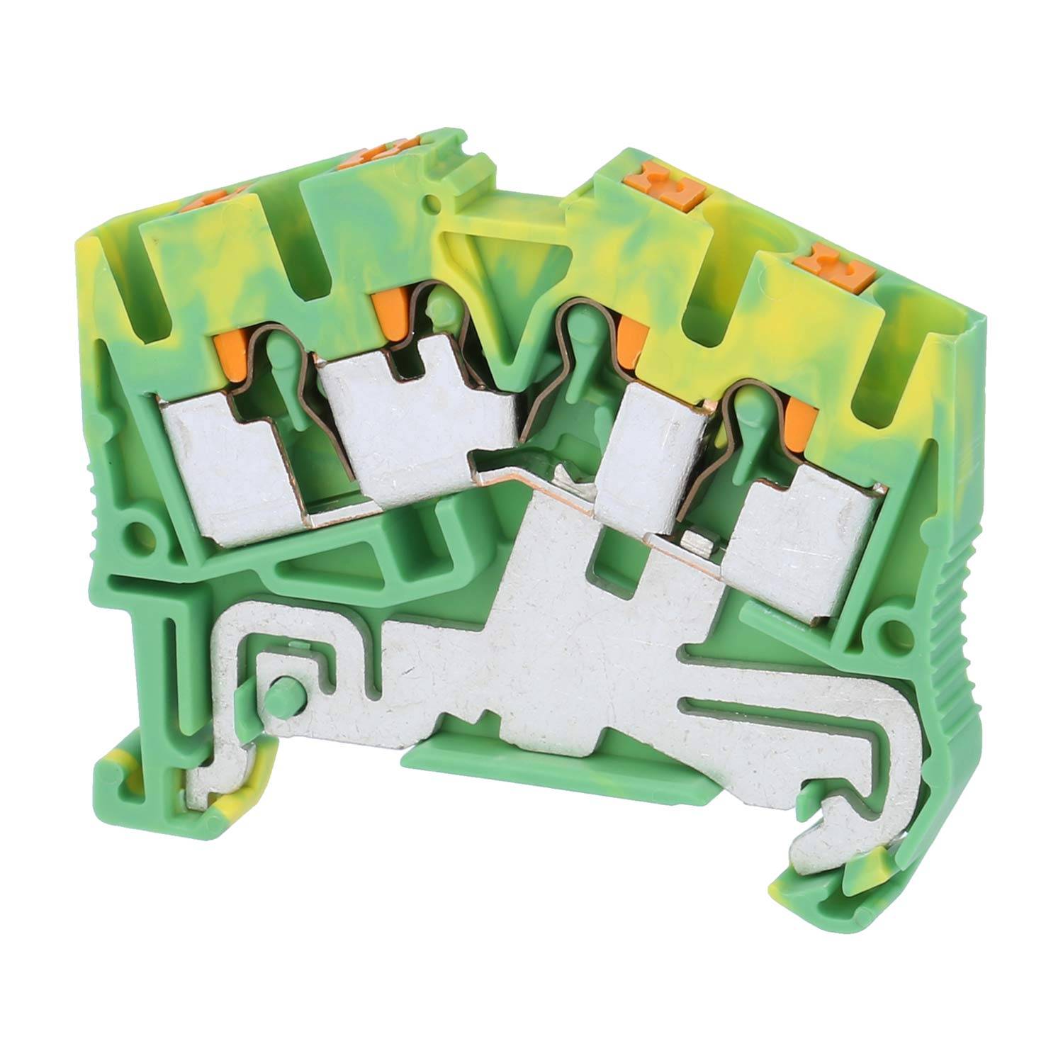 Ein grün-gelb gefärbter Kunststoff-Elektroklemmenblock mit Klemmöffnungen und Befestigungselementen, konzipiert zum Verbinden von Elektrokabeln.