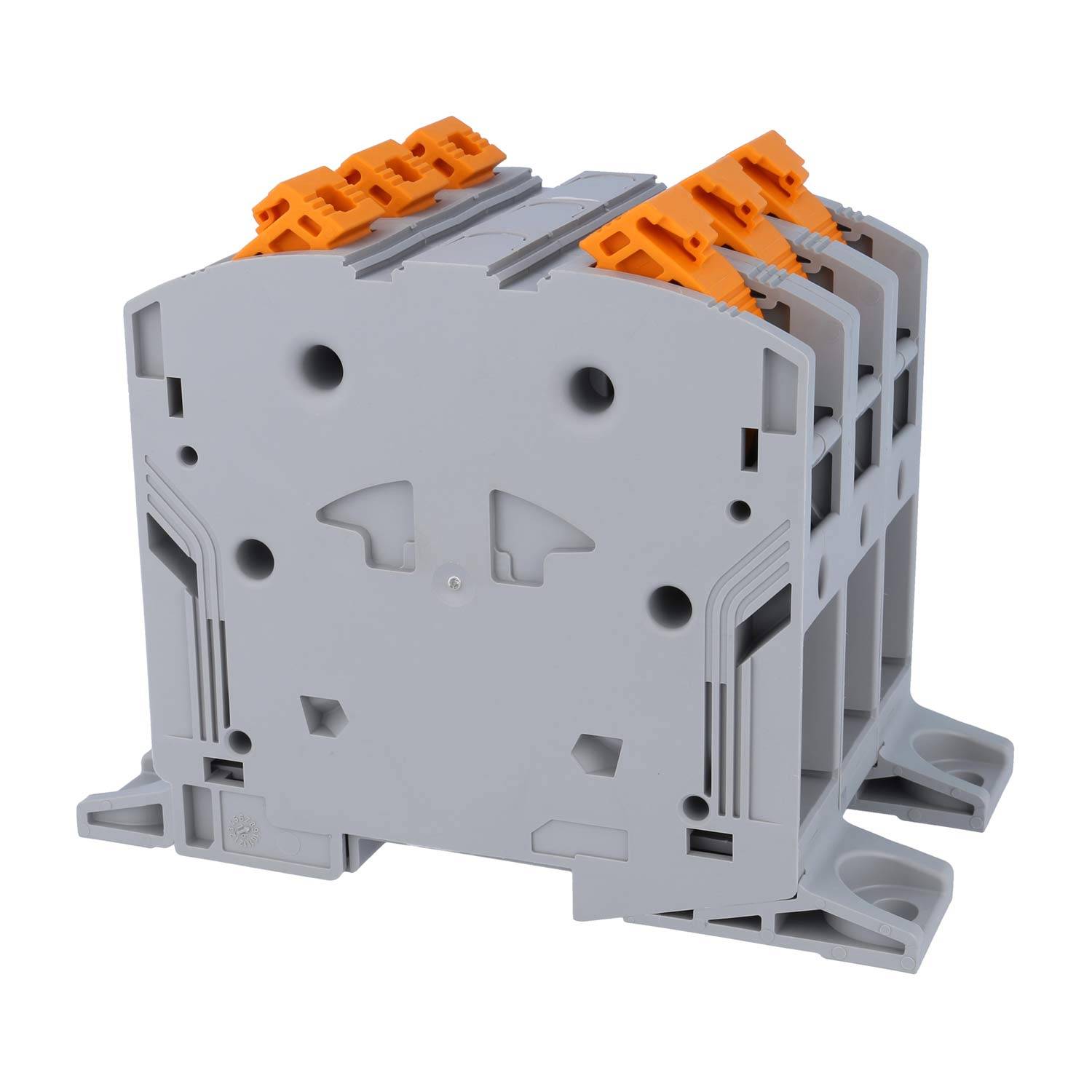 Ein graues Klemmleistenblock mit mehreren orangefarbenen Hebeln, verwendet für elektrische Verbindungen, auf weißem Hintergrund abgebildet.