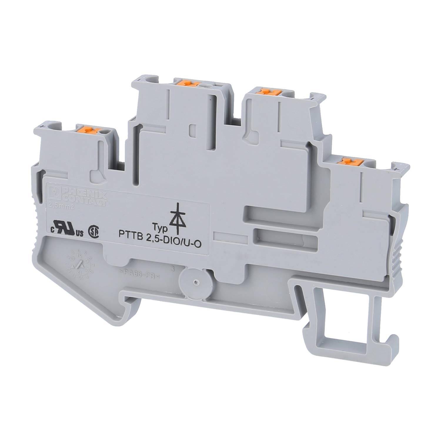 Ein graues elektrisches Klemmleistenblock mit dem Modell „PTTB 2.5-DIO/U-O