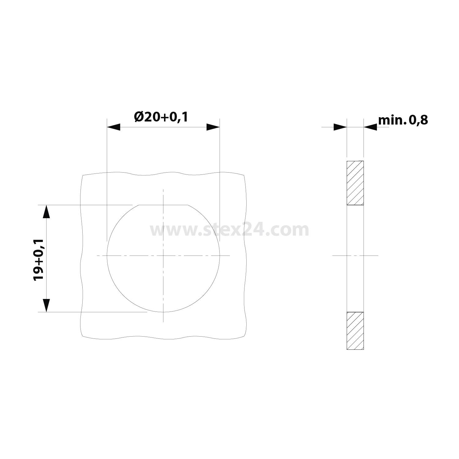 Zeichnung einer Unterlegscheibe mit 20 mm Durchmesser und 19 mm Höhe, die eine gewellte Kante zeigt. Der Querschnitt veranschaulicht eine Mindestdicke von 0,8 mm.