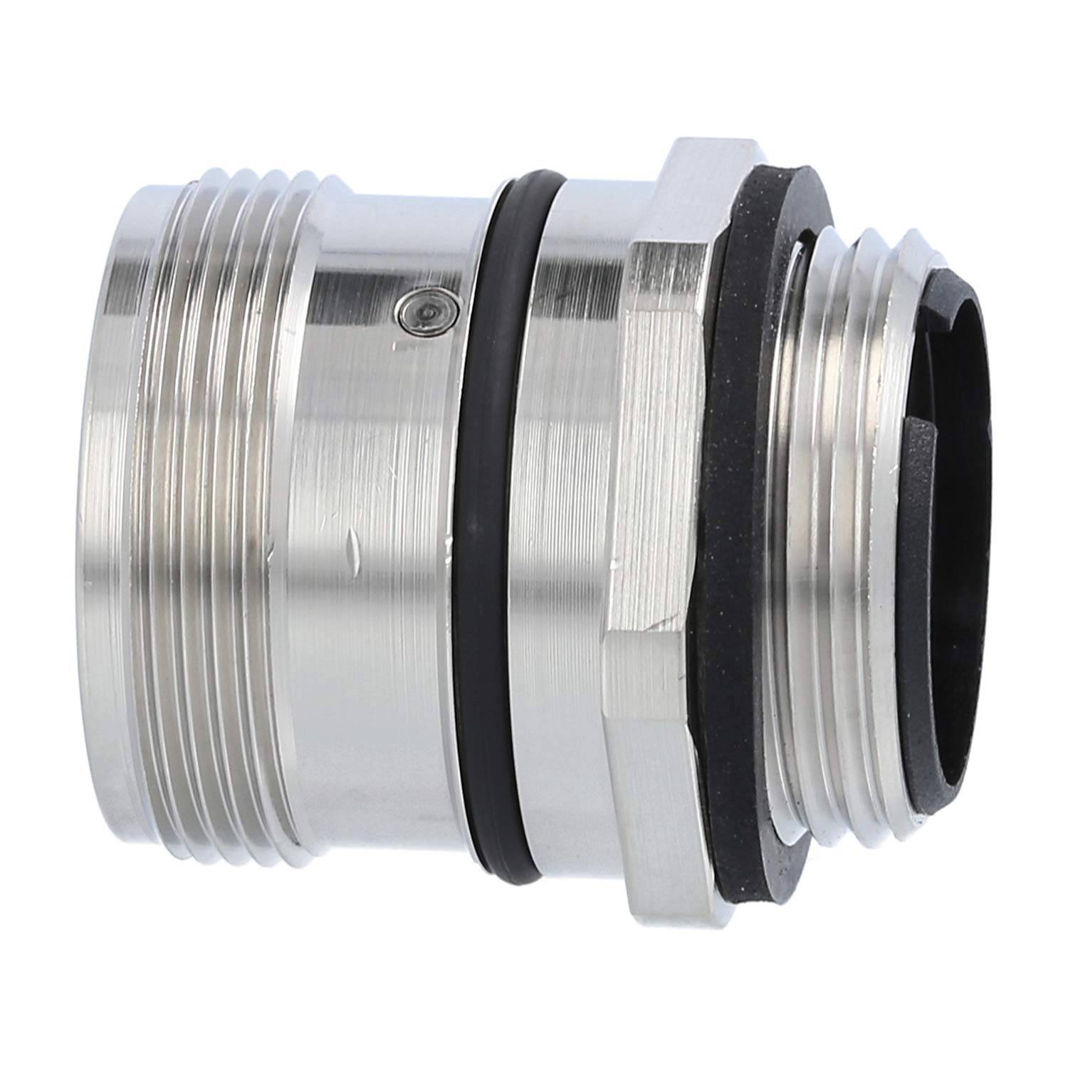Metallische Gewindemuffe mit schwarzer Dichtung, verwendet zum Verbinden von Rohren. Aus Edelstahl gefertigt, mit sechskantigem Mutternbereich.