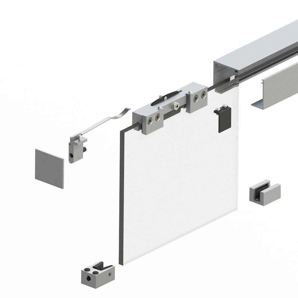 Explodierte Darstellung eines Schiebetürmechanismus mit seinen Komponenten: Schiene, Rolle, Montageklammer und Paneele, isoliert auf weißem Hintergrund.