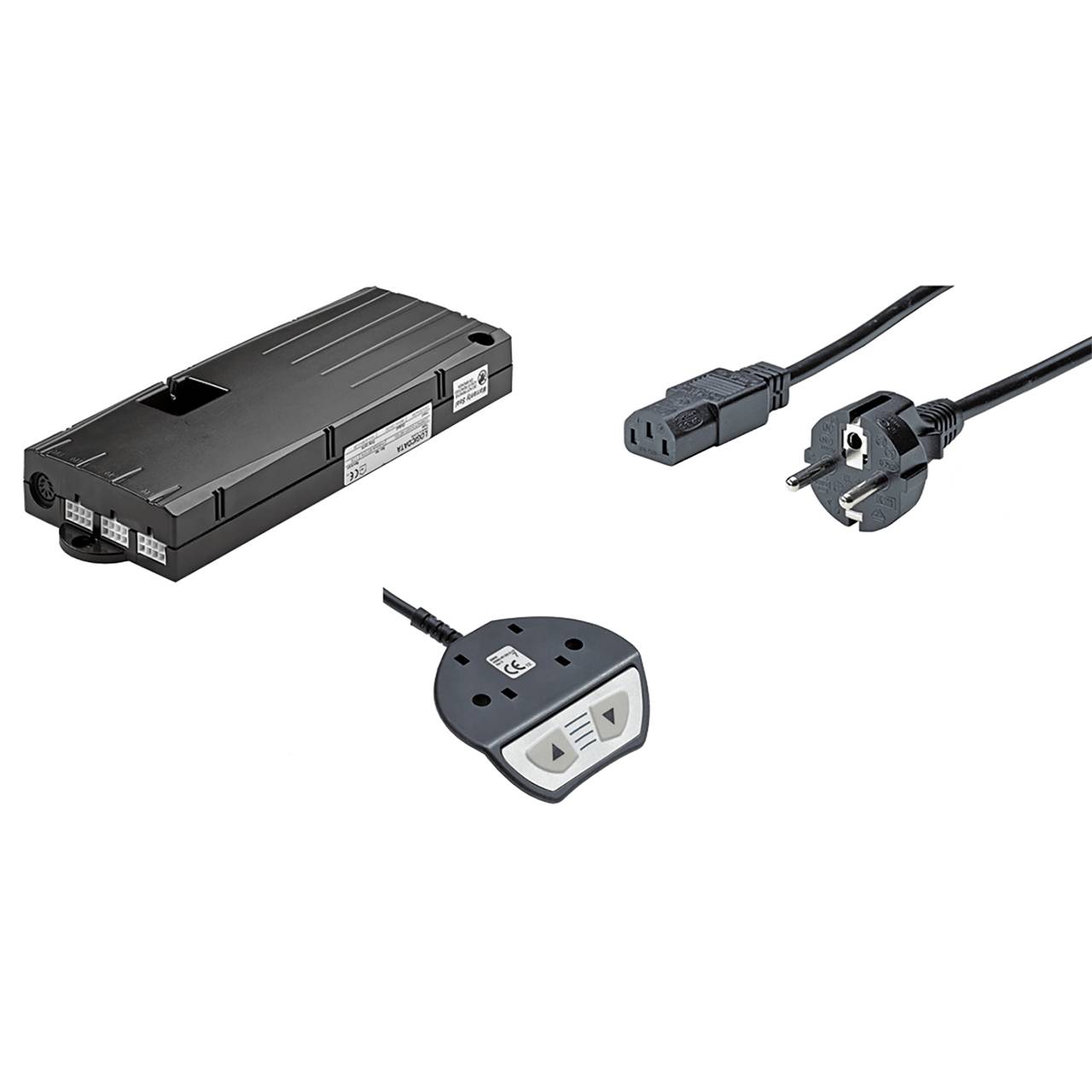 Möbelstrommodul mit Stromkabeln, USB- und LAN-Eingängen sowie einer Steuerungsschnittstelle für Schreibtische oder Arbeitsplätze.