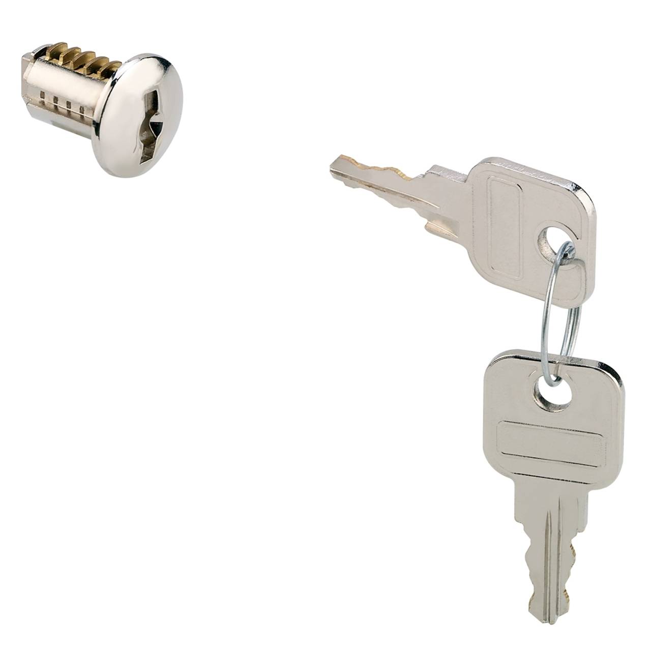 Ein Schlosszylinder mit sichtbaren Stiften und zwei silbernen Schlüsseln an einem Schlüsselring, die Komponenten eines Schlosssystems veranschaulichen.