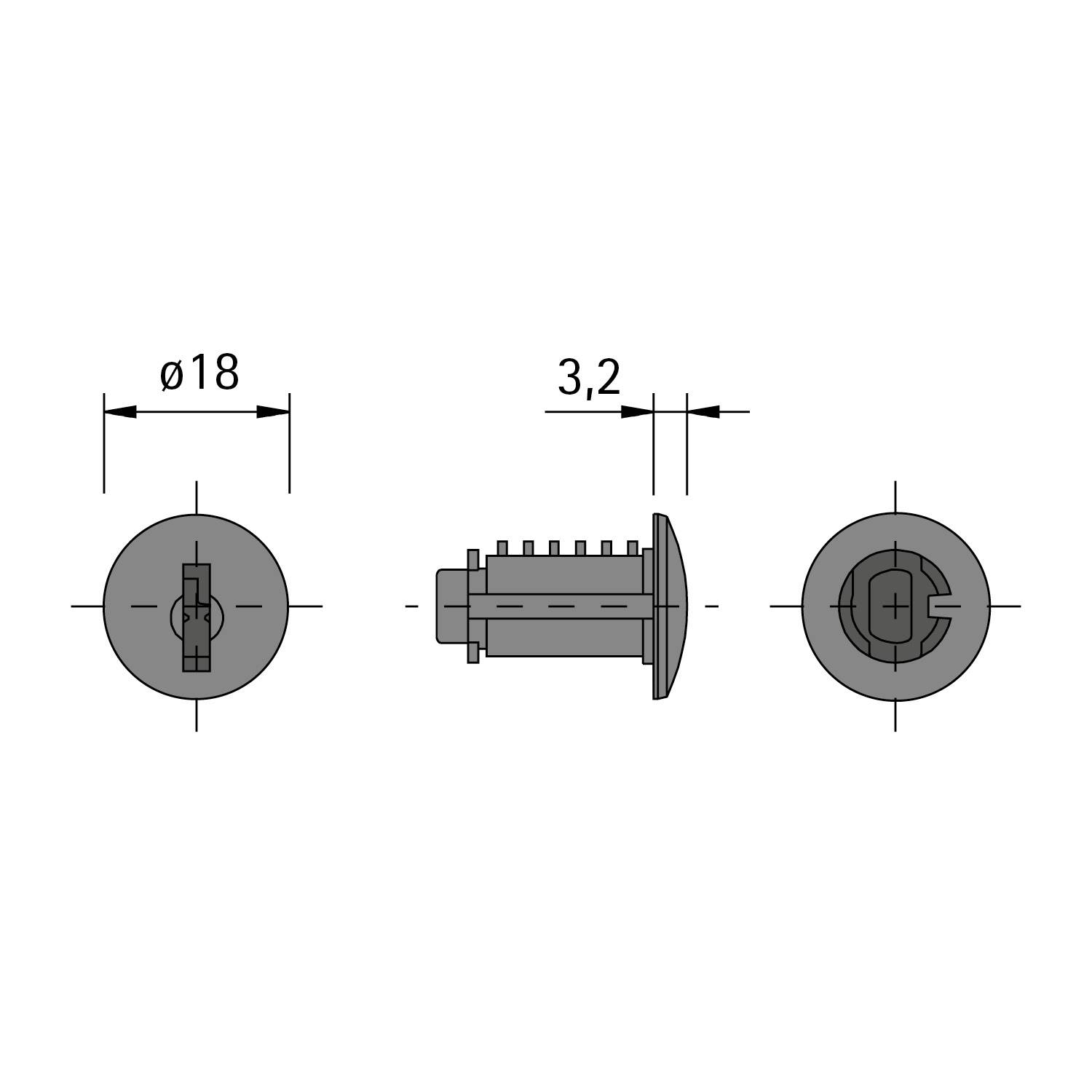 Das Bild zeigt eine technische Zeichnung eines zylindrischen Objekts mit Abmessungen; der Durchmesser beträgt 18 mm, die Länge beträgt 3,2 mm.