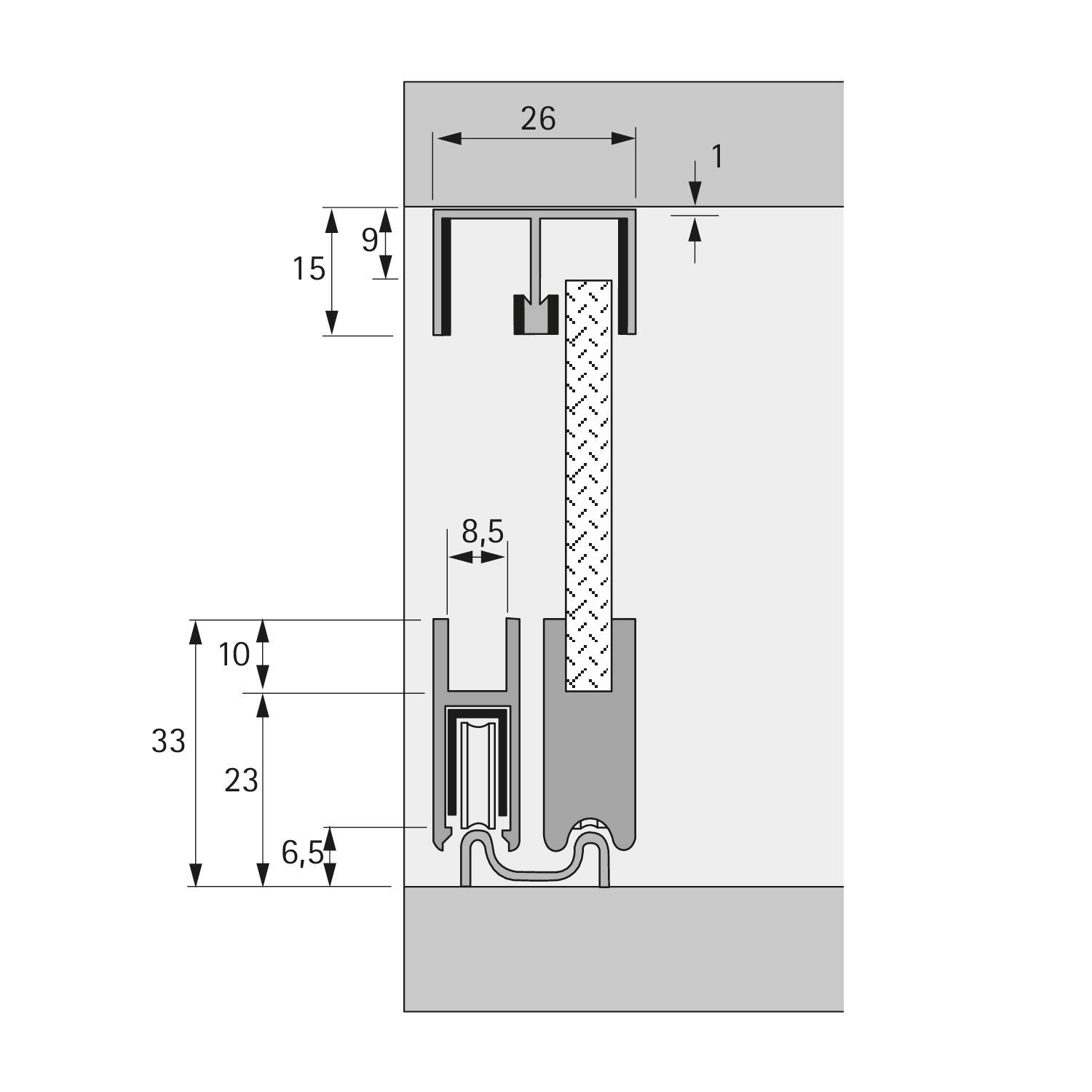 Querschnittdiagramm eines Türdichtungssystems mit Messwerten von 26 mm Breite und verschiedenen vertikalen Abmessungen sowie gekennzeichneten Komponenten.