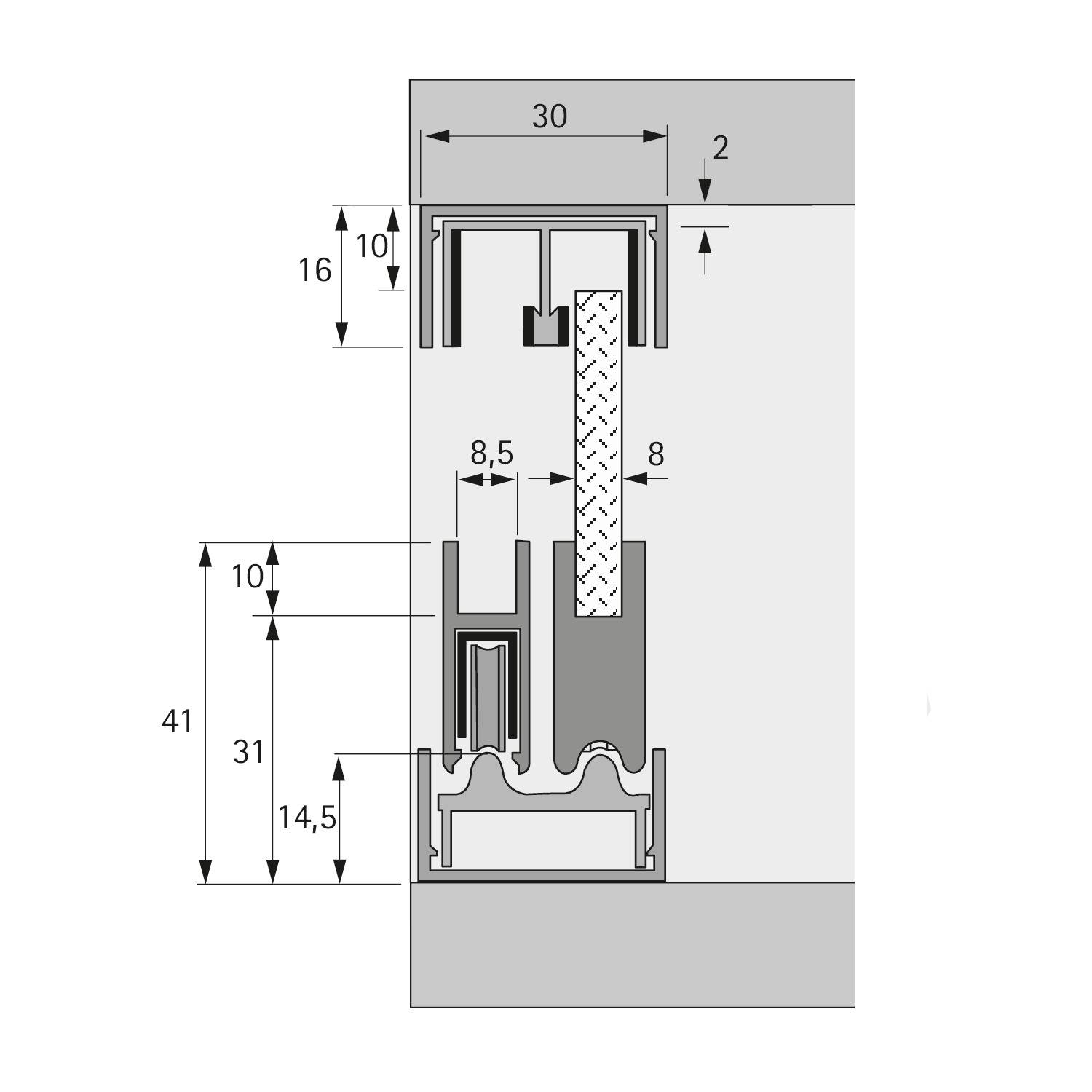 Querschnittsdiagramm zeigt einen vertikalen Schnitt eines Fensterrahmens mit Maßangaben in Millimetern für die Strukturplanung.