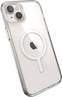 Durchsichtige Handyhülle auf einem iPhone, die die beiden rückseitigen Kameras und einen MagSafe-ähnlichen kreisförmigen Ladering auf der Rückseite zeigt.