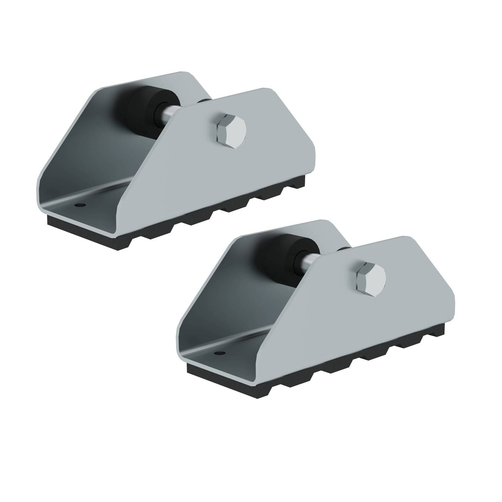 Zwei identische Metallhalterungen mit einem geometrischen Design, ausgestattet mit Sechskantschrauben und Gummifüßen, wahrscheinlich für Befestigungszwecke vorgesehen.