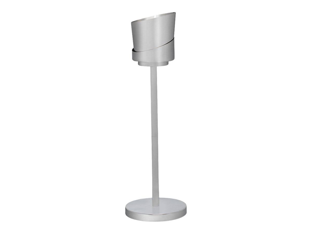 Eine silberfarbene Stehlampe mit rundem Sockel, schlankem Schaft und geneigtem zylindrischem Schirm auf einfachem weißem Hintergrund.