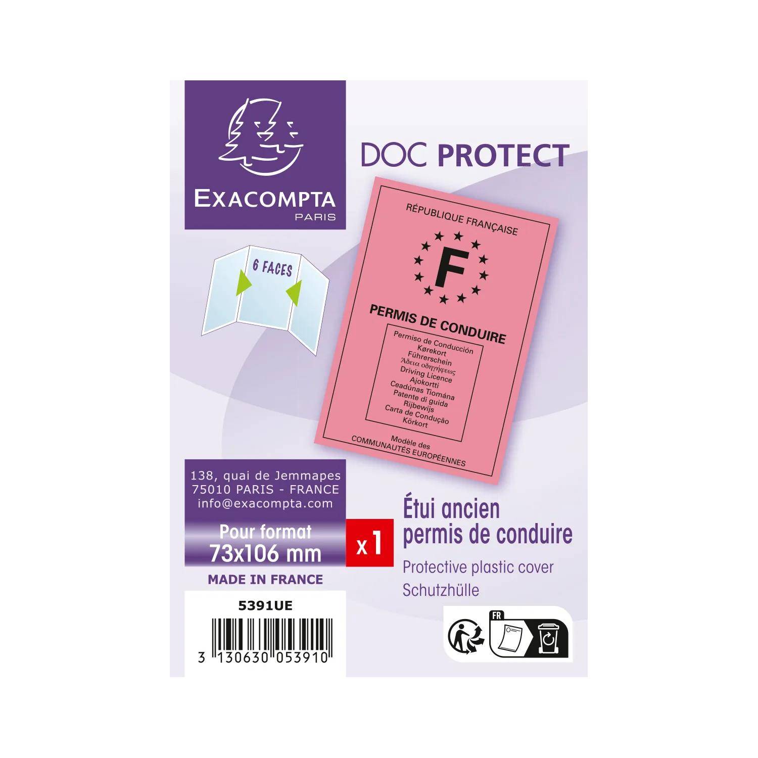 Exacompta "Doc Protect"" Schutzfolie aus Kunststoff für einen alten französischen Führerschein, gezeigt mit Verpackungsdetails, Größe 73x106 mm, Menge x1 und Barcode.