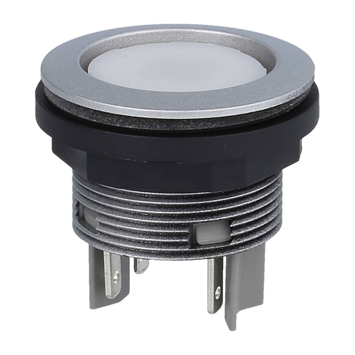 Eine Nahaufnahme eines Metalldruckschalters mit einer runden weißen Oberseite und Gewindegehäuse, das drei Metallstifte an der Basis aufweist.