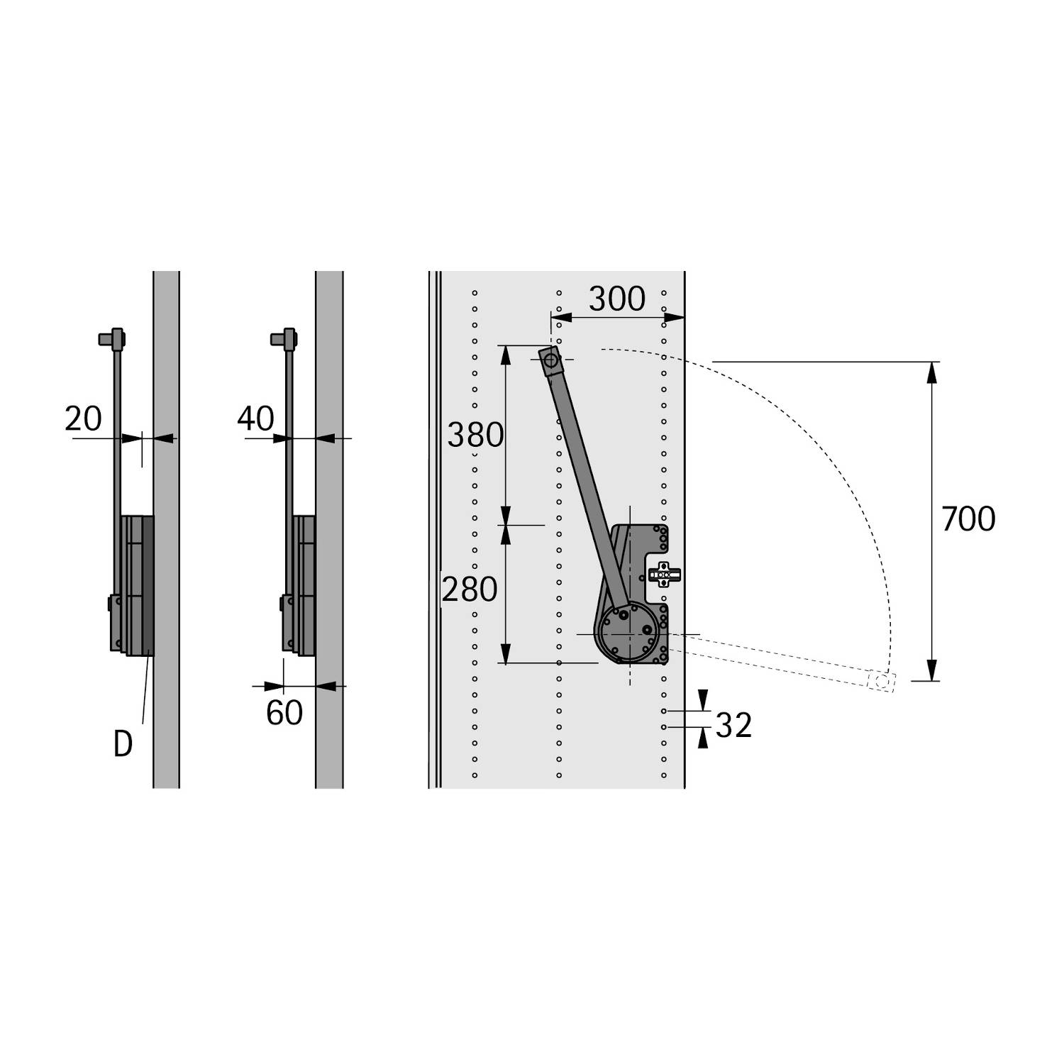Diagramm, das den Türschließermechanismus zeigt: Seiten- und Frontansichten mit Maßangaben. Die rechte Seite zeigt einen Arm, der sich 300 mm erstreckt, mit einer vertikalen Spannweite von 700 mm.