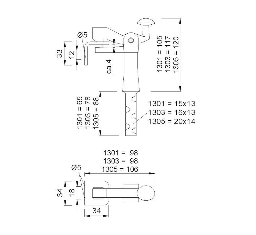 Technische Zeichnung einer Klemme mit Abmessungen und Teilen. Draufsicht und Seitenansicht sind enthalten mit Maßen wie „1301 = 105