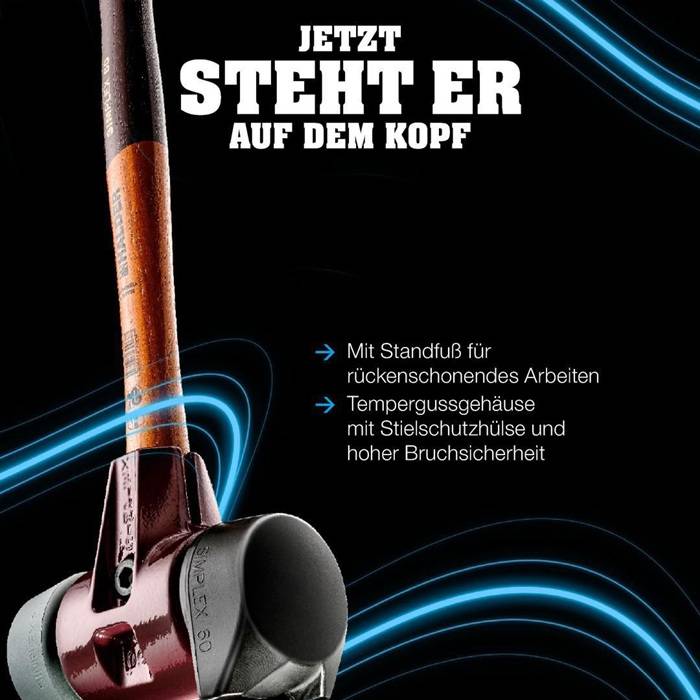 Ein Vorschlaghammer steht auf seinem Kopf mit dem Text 'Jetzt steht er auf dem Kopf'. Inklusive Merkmalen wie Standfuß und robustem Griff.