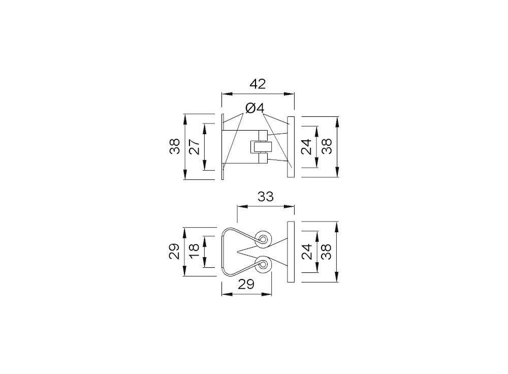 Technische Zeichnung einer Halterung mit Draufsicht und Seitenansicht mit Maßangaben. Abmessungen: Breite 42mm, Lochdurchmesser 4mm, verschiedene Höhen und Tiefe angegeben.