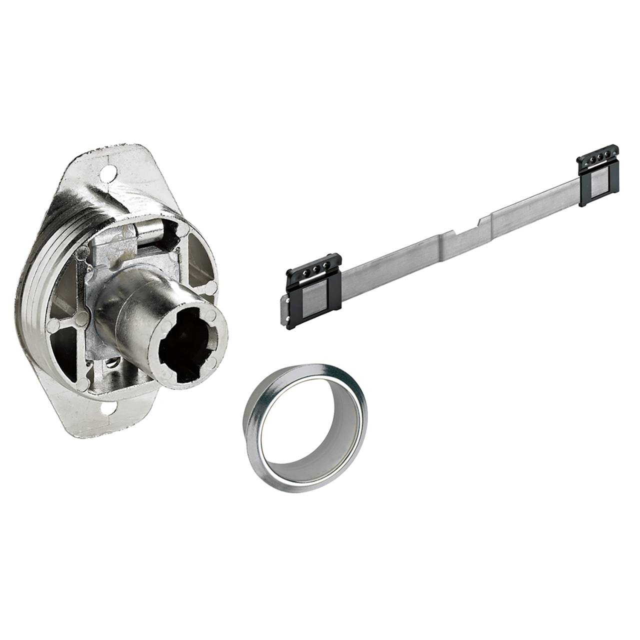 Metallischer Türschloss-Zylinder mit Schlüsselring und Riegel-Halterung vor weißem Hintergrund. Komponenten sind getrennt und horizontal angeordnet.