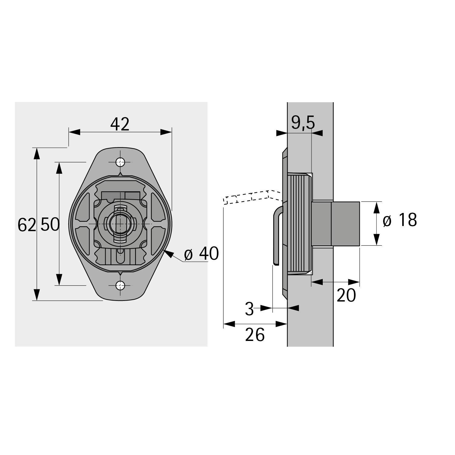 Technisches Diagramm einer Montageklammer. Vorderansicht Abmessungen: 62,50mm Höhe, 42mm Breite. Seitenansicht: 9,5mm Dicke, 18mm Durchmesser.