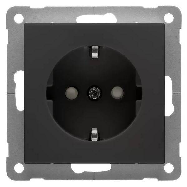 Schwarze elektrische Wandsteckdose mit silbernem Befestigungsrahmen und zwei runden Steckplätzen, in Vorderansicht auf weißem Hintergrund dargestellt.