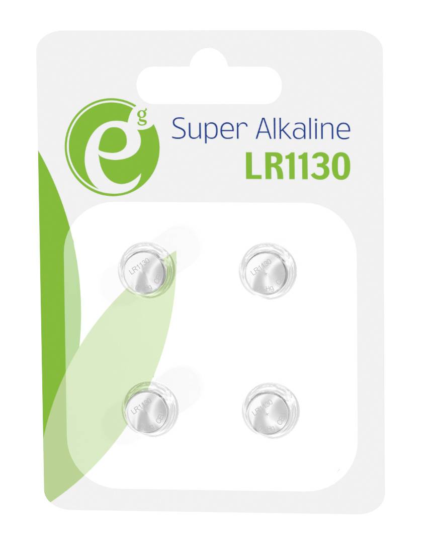 Packung mit vier Super-Alkali-Knopfbatterien LR1130 mit grün-weißem Branding