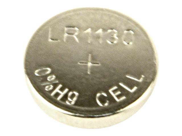 Silber-Knopfzellenbatterie LR1130 mit den Aufschriften "LR1130"", ""0%Hg"" und ""CELL"" auf weißem Hintergrund.
