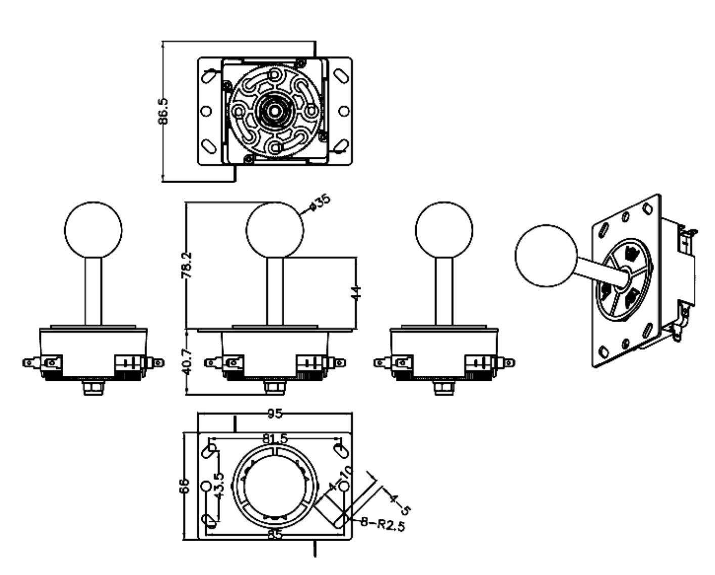 Arcade Joystick, 8 Wege, 78,2mm Höhe, rot
