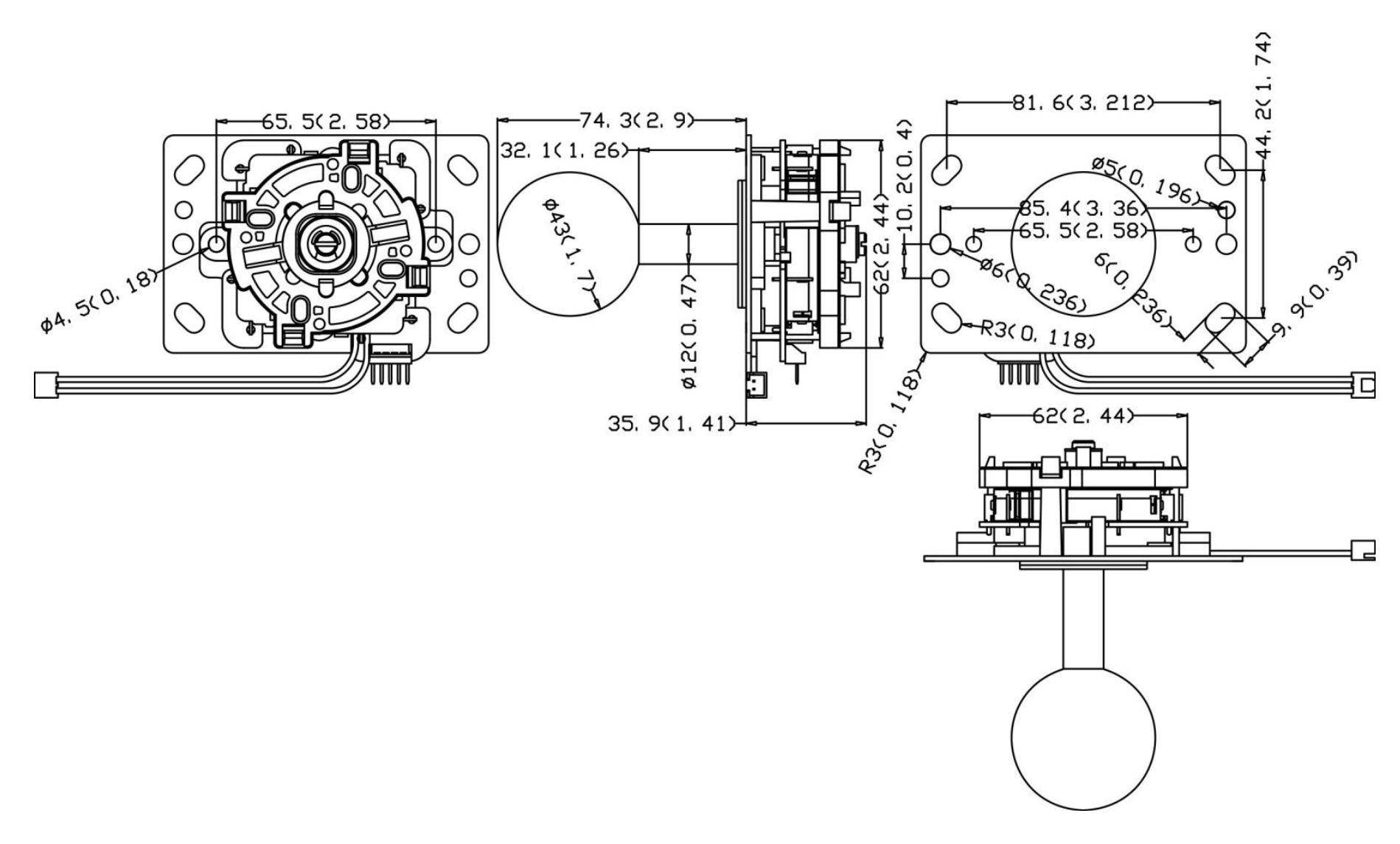 Arcade Joystick, 8-Wege, mit LED Beleuchtung, 74,3mm Höhe, RGB Farbwechsel