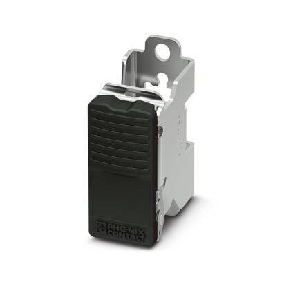 Schwarz-silbernes Verriegelungsmodul von Phoenix Contact mit Metallhalterung zur Sicherung von Elektroverbindungen.