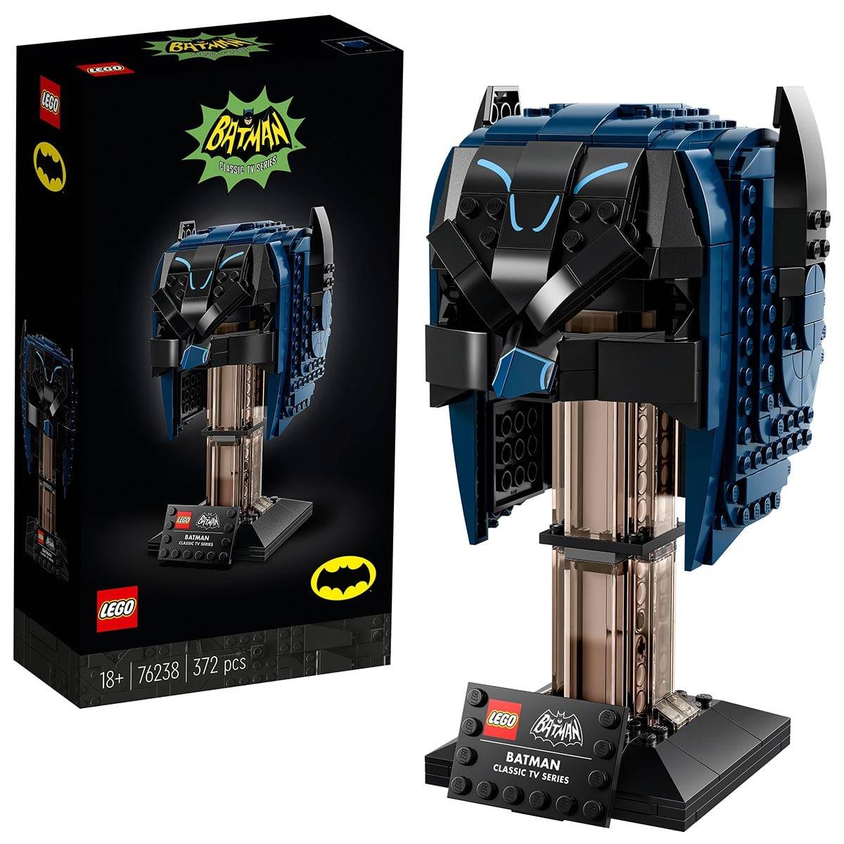 LEGO Batman Maske Bauset, das einen detaillierten Büsten-Displayständer zeigt. Schachtel mit Aufdruck 'Batman Classic TV Series'. Geeignet für Alter 18+.