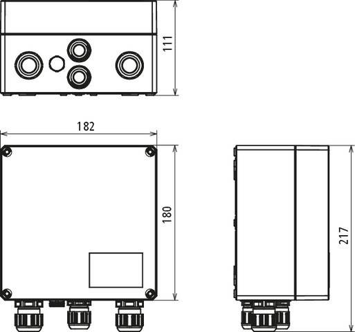 Technische Zeichnung einer rechteckigen Elektrobox mit Abmessungen: 182 mm Breite, 180 mm Höhe. Die Box weist mehrere kreisförmige Anschlussöffnungen auf.