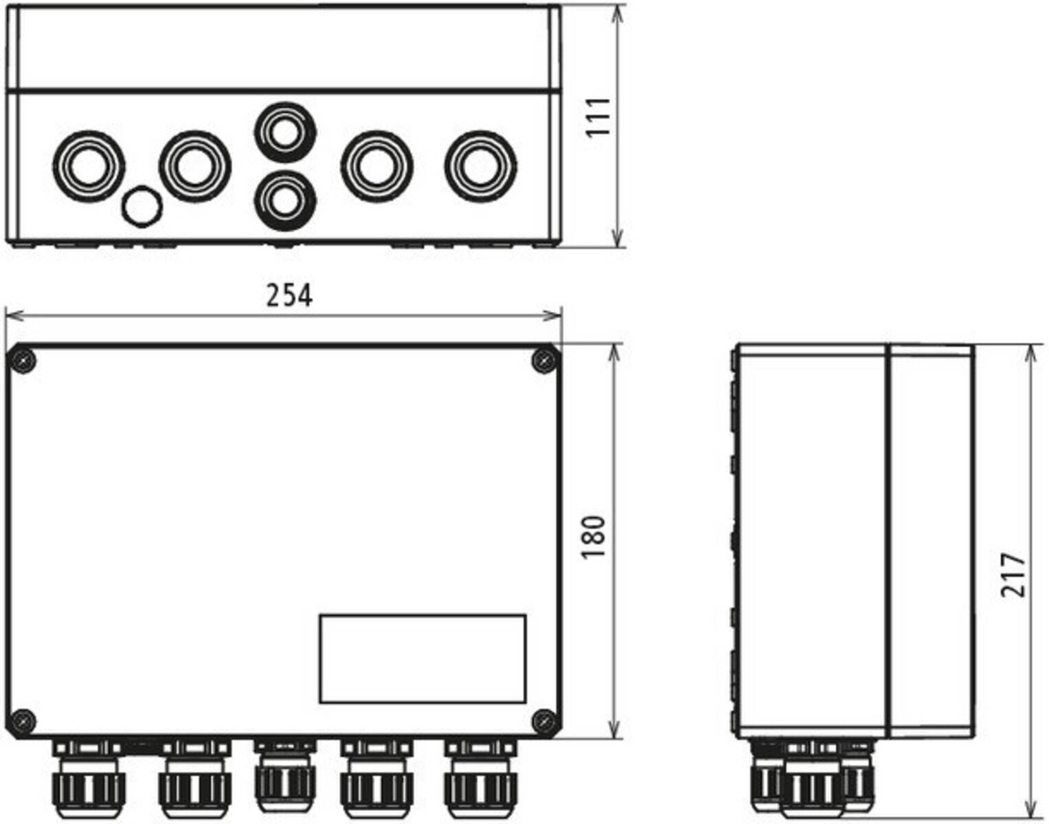 Technische Zeichnung einer rechteckigen elektrischen Abzweigdose mit Abmessungen: 254 mm Breite, 180 mm Höhe, 111 mm Tiefe. Mehrere Kabeleinführungspunkte sichtbar.