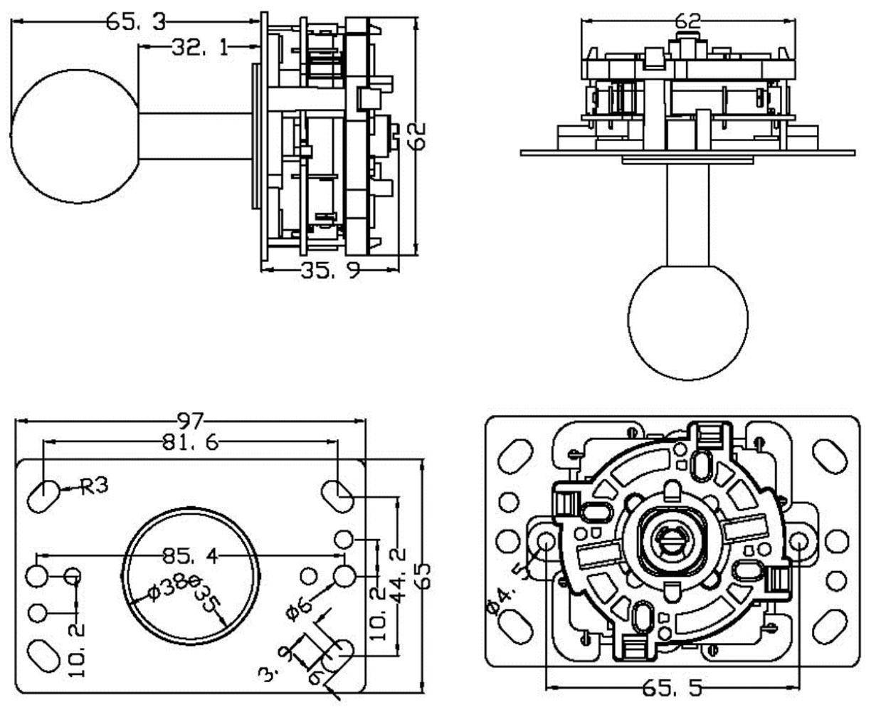 Arcade Joystick, 8 Wege, 65,3mm Höhe, rot