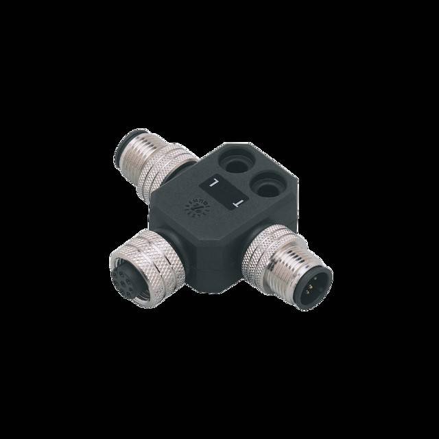 Ein Y-förmiger elektrischer Verbinder mit drei Anschlüssen, zwei mit der Bezeichnung 'T1' und einem mit 'L', ausgestattet mit Metallgewinde für eine sichere Befestigung in Schaltkreisen.