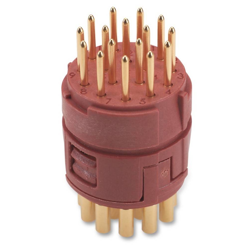 Ein rot und gold mehrpoliger elektrischer Stecker mit nummerierten Kontakten, geeignet für technische und industrielle Anwendungen.