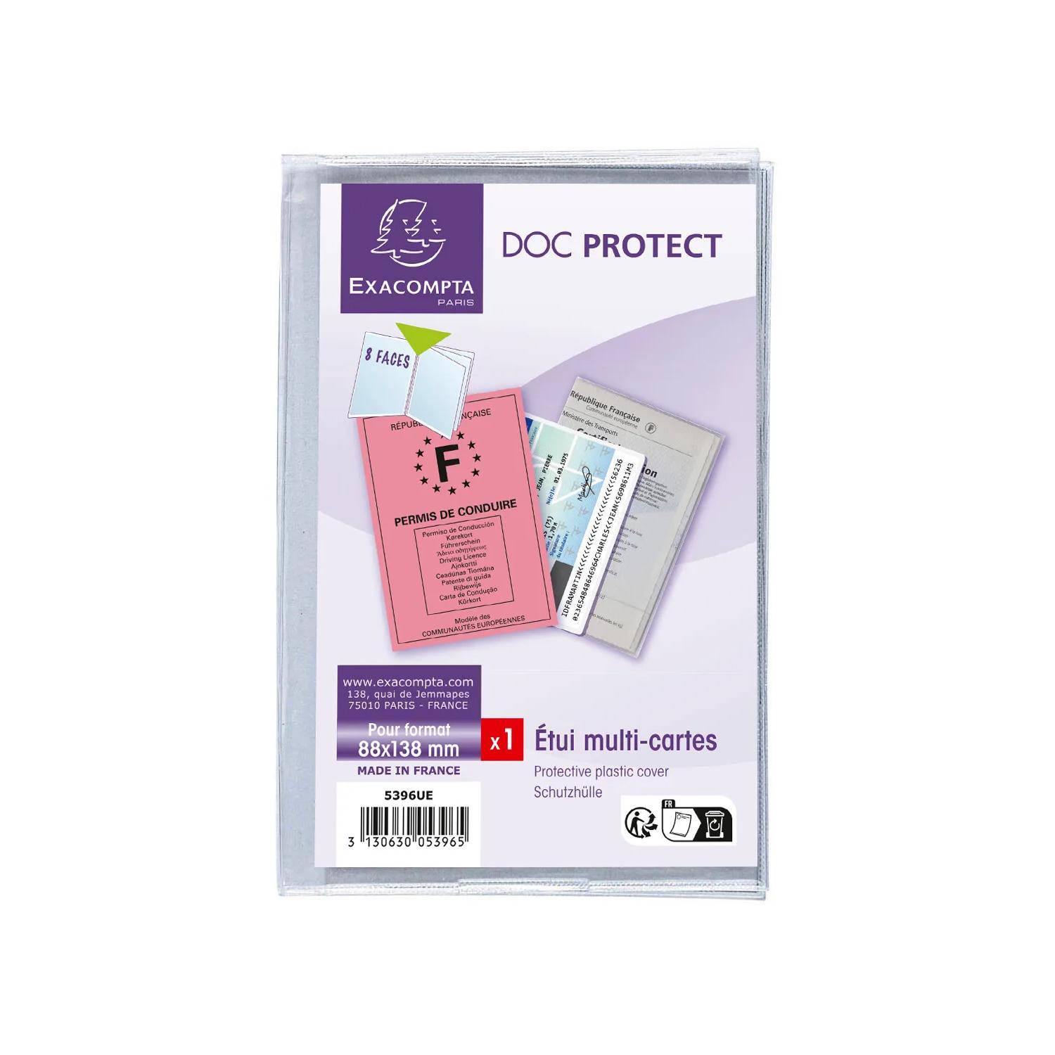 Verpackung für Exacompta 'DOC PROTECT' durchsichtiger Kunststoff-Mehrkartenm-Schutzumschlag, gezeigt mit Musterkarten und Etiketten.