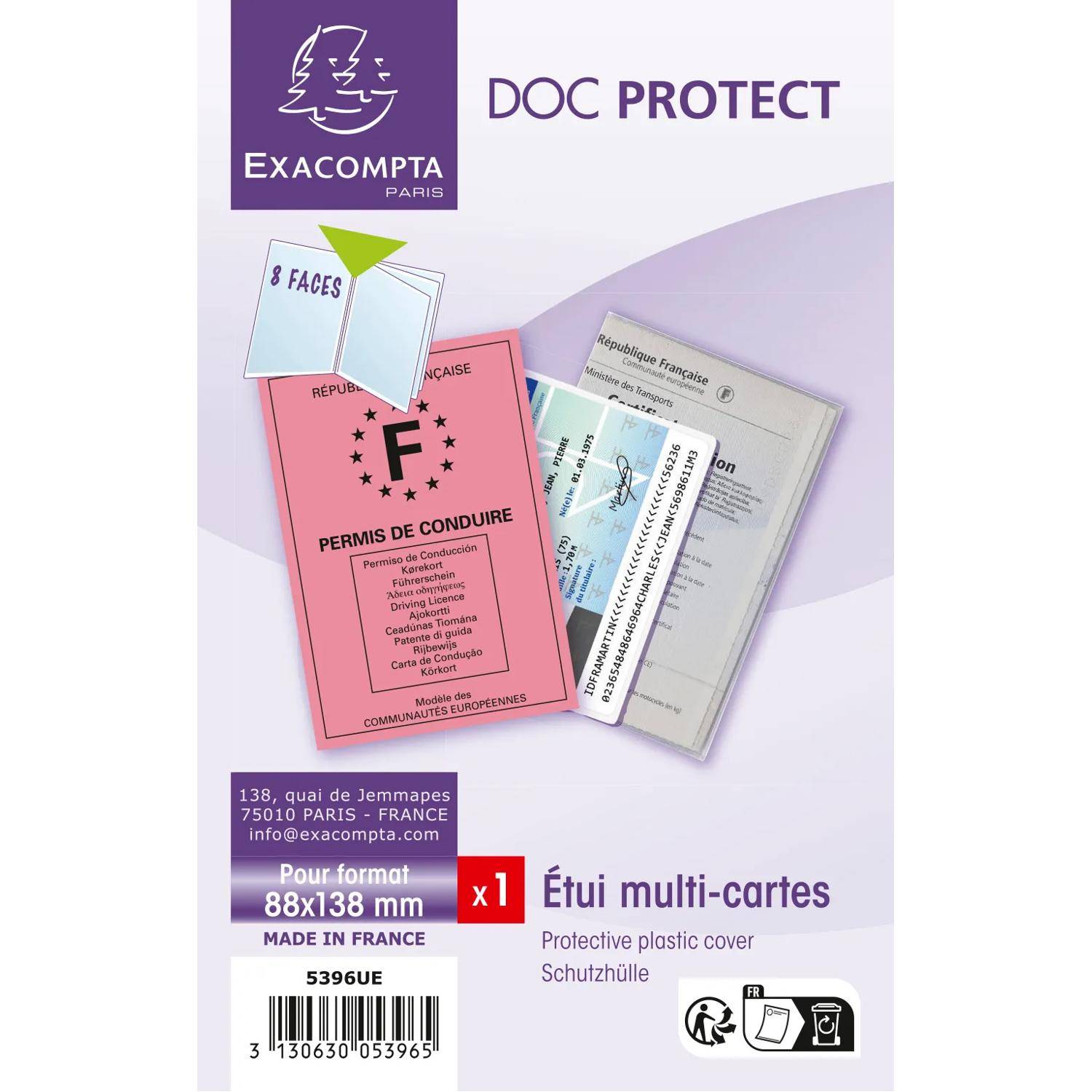 Exacompta Doc Protect Kunststoffschutzhülle für mehrere Karten, abgebildet mit einem Ausweisdokument, Führerschein und Papieren; mit der Bezeichnung „Étui multi-cartes", 88x138 mm.