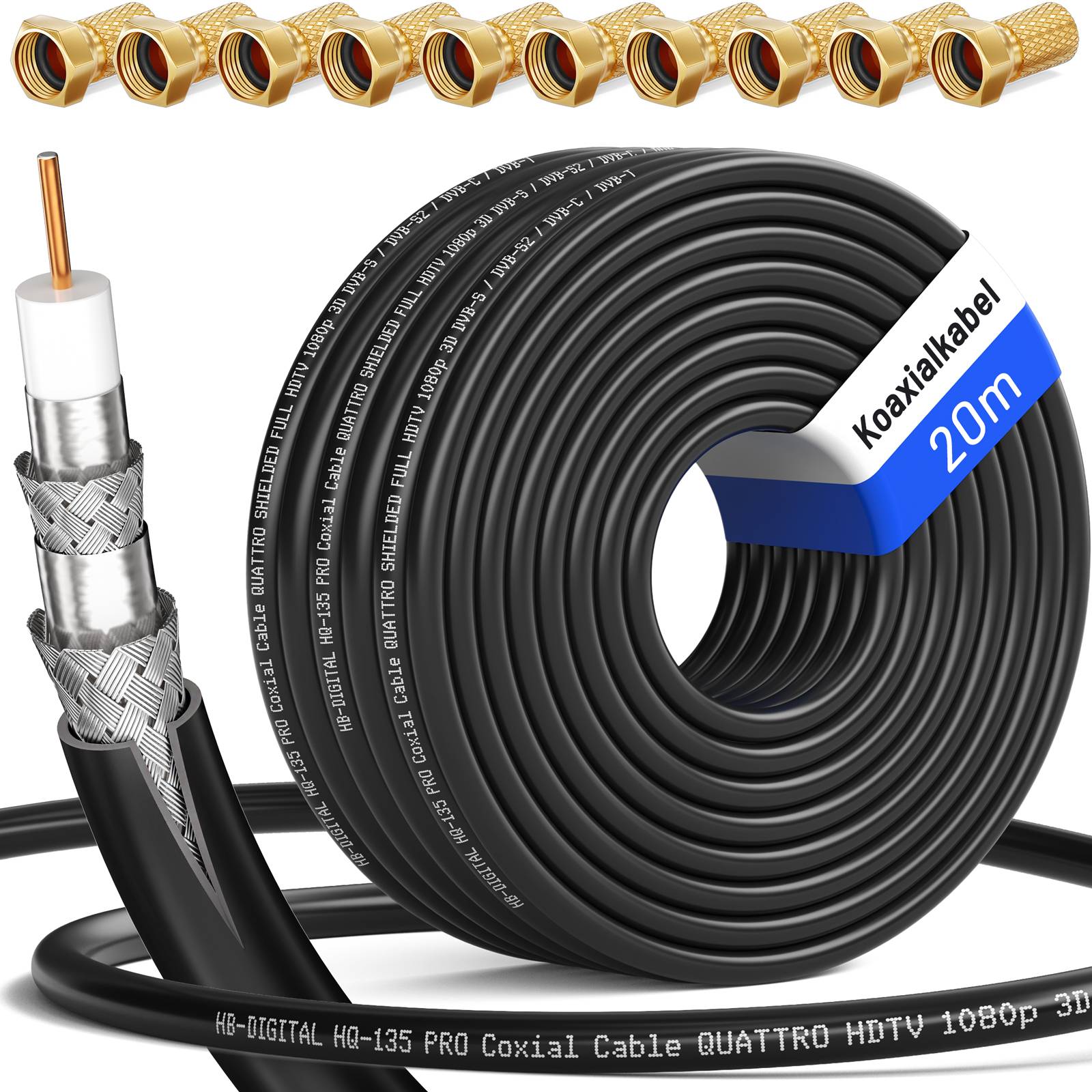 hb-digital 20m Koaxialkabel HQ 135dB 4-Fach Stahl Kupfer schwarz + 10 F-St