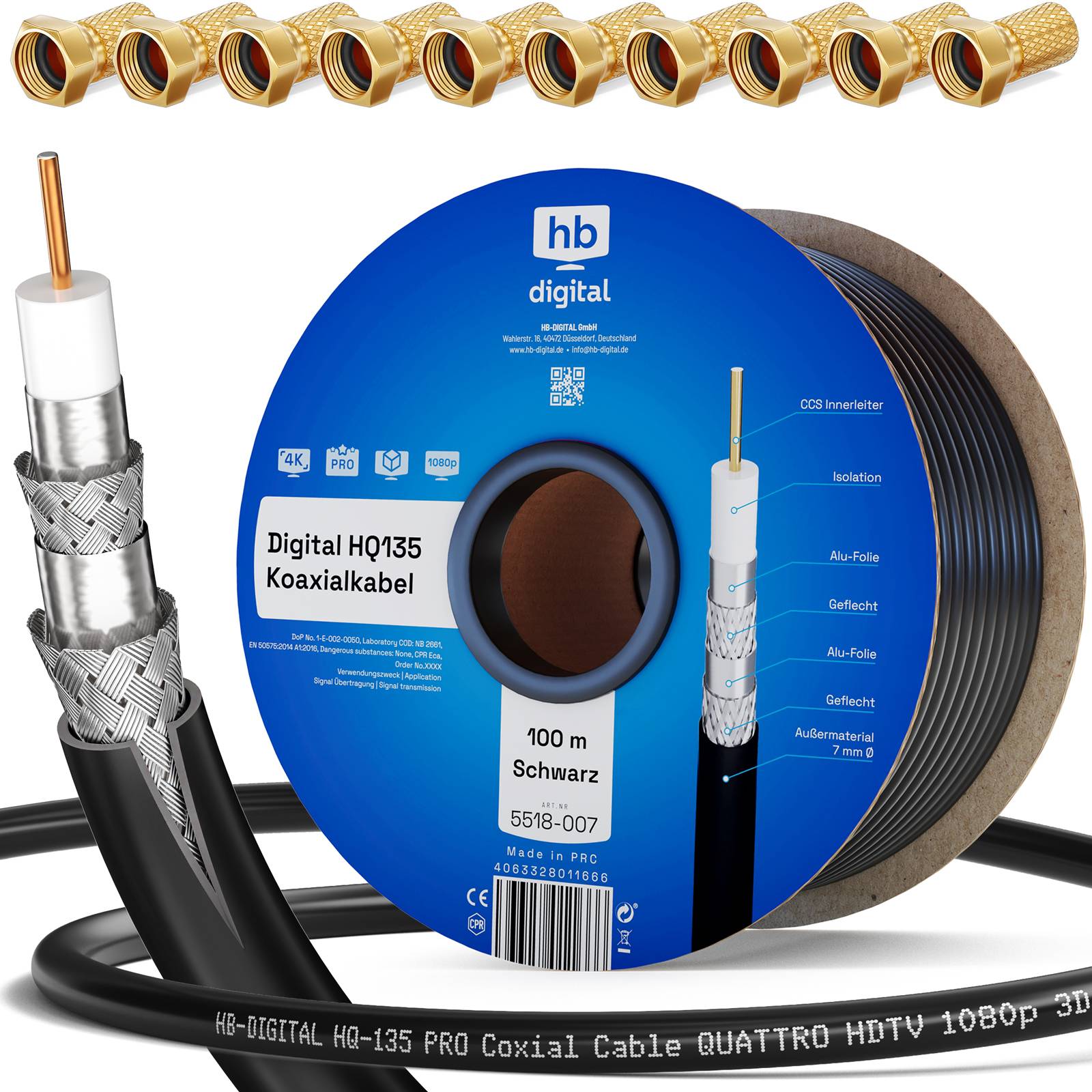 hb-digital 100m Koaxialkabel HQ 135dB 4-Fach Stahl Kupfer schwarz + 10 F-St